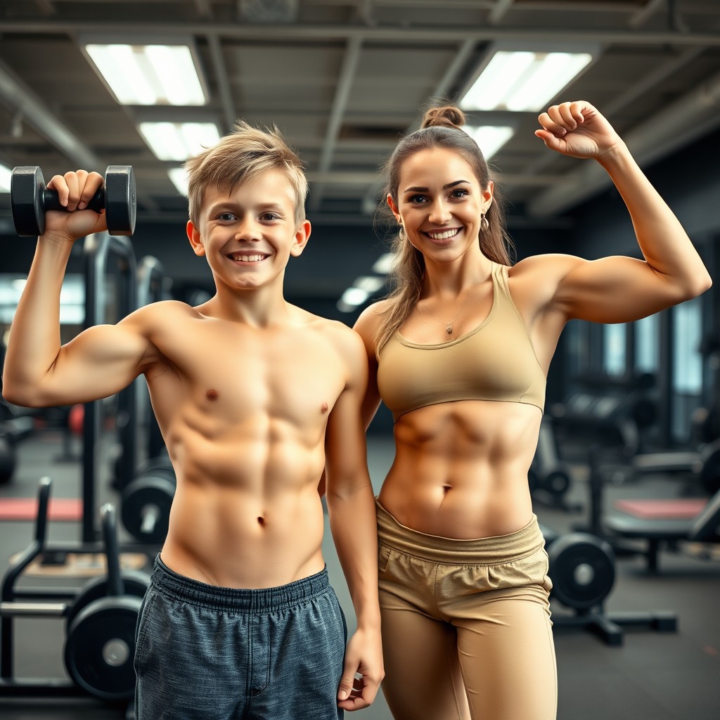 A 13-year-old boy exercising in a gym, showing off his defined muscles and six-pack abs while smiling proudly
