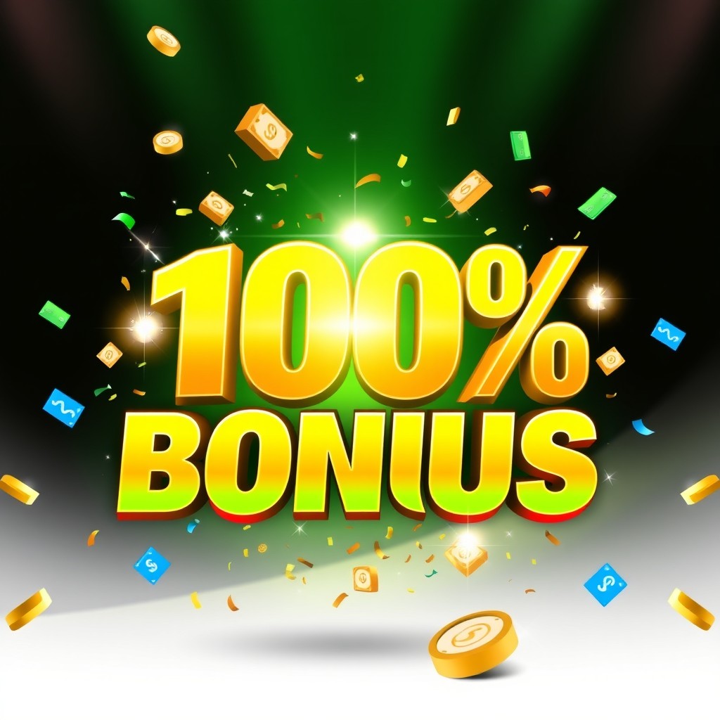 An attractive advertisement design featuring a bold, eye-catching text that reads '100% Deposit Bonus' prominently in the center, surrounded by vibrant colors and dynamic shapes