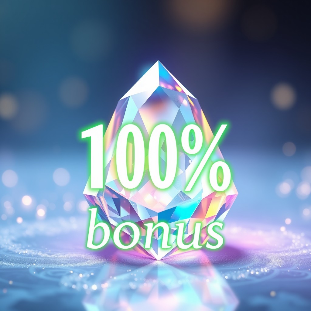 A visually striking image of a shimmering crystal with a 100% bonus symbol glowing vividly in the foreground