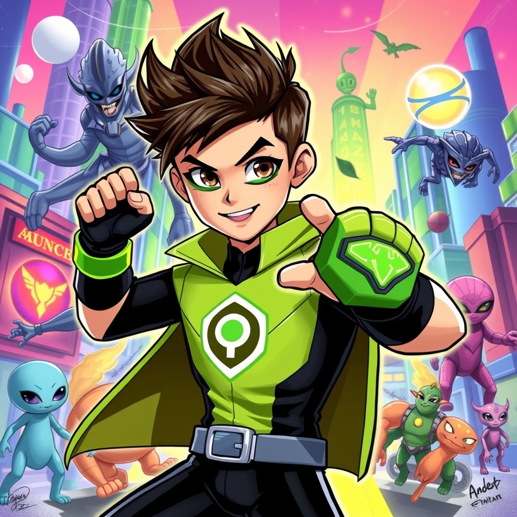 A vibrant and dynamic illustration inspired by a young superhero character with an alien transformation device on his wrist
