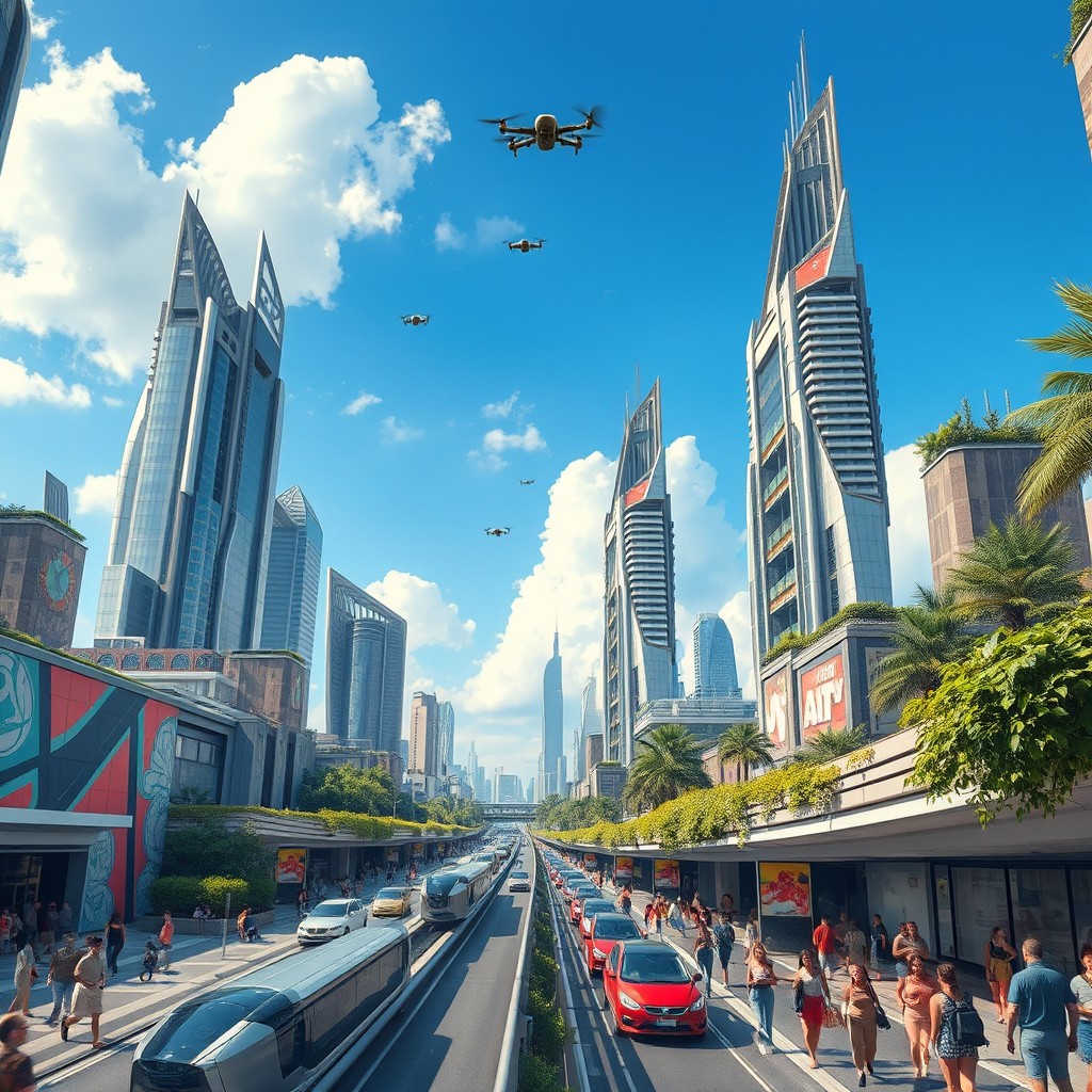 A futuristic urban landscape, showcasing soaring skyscrapers with unique architectural designs, adorned with vibrant street art and lush greenery