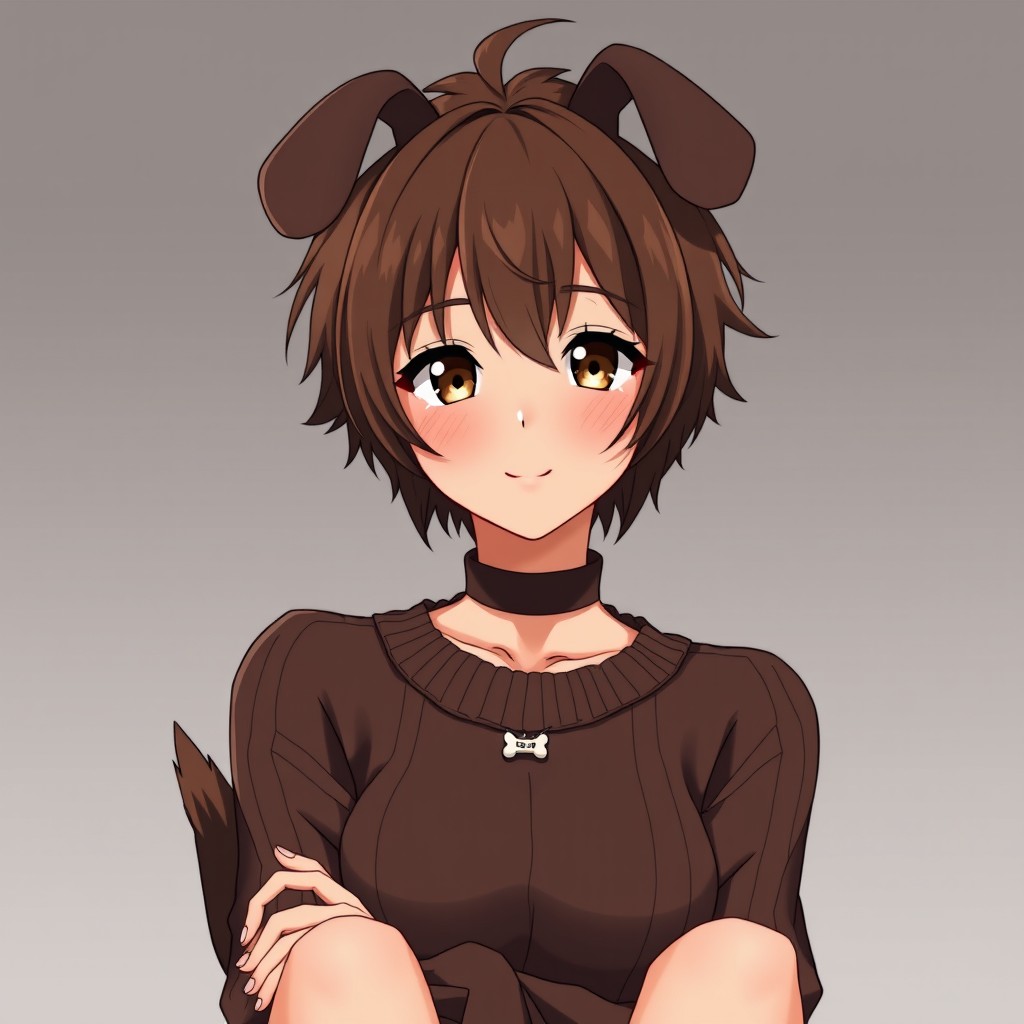 An anime adult woman with short, brown spiky and fluffy hair that adds a dynamic flair to her appearance