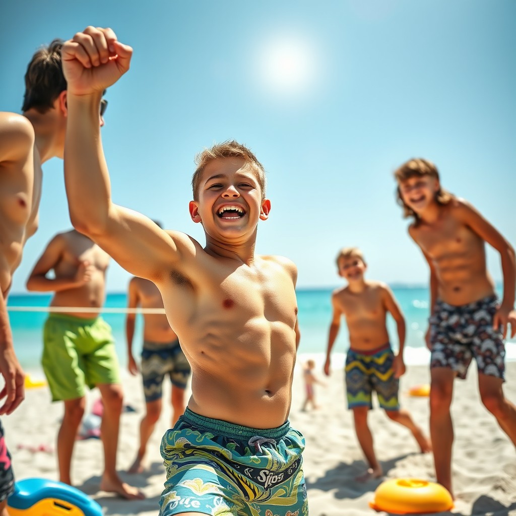 A group of enthusiastic boys around twelve years old enjoying a sunny day at the beach