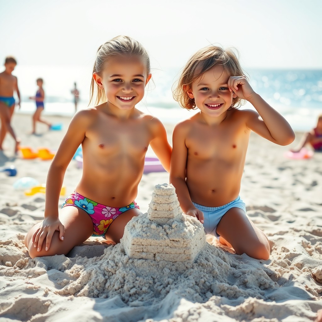 A cheerful scene at the beach featuring a twelve-year-old girl showcasing her athletic build with a visible six-pack and toned biceps, alongside her eight-year-old brother who also has a sporty physique, with defined abs and muscles