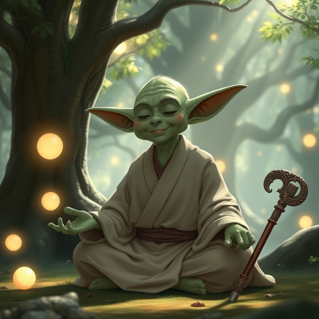 A wise and serene elven monk, reminiscent of Yoda, featuring large expressive ears, a greenish skin tone, and a minimalist robe that embodies traditional elven aesthetics