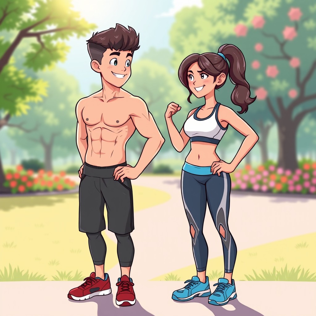 A stylized illustration featuring a 13-year-old boy with a toned six-pack and a 13-year-old girl with a defined six-pack, both in athletic poses