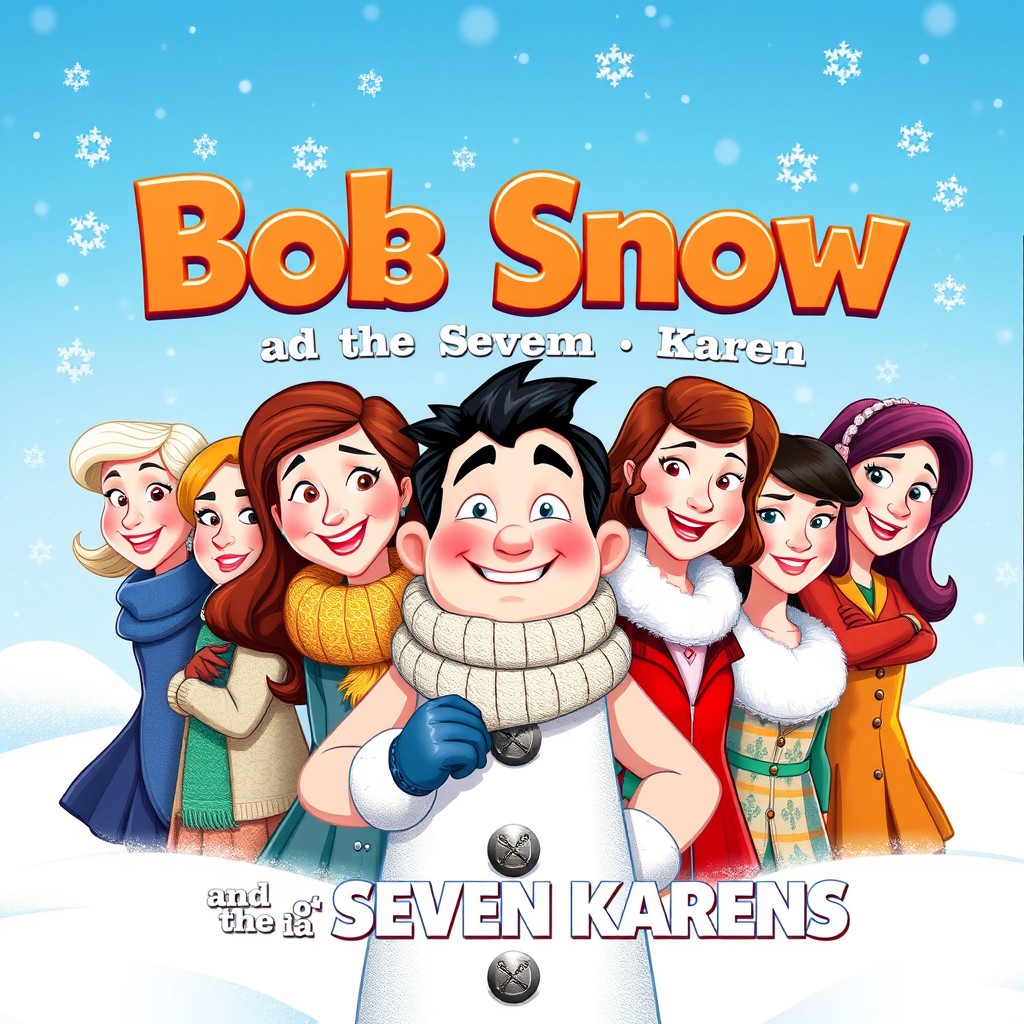 A whimsical movie poster for 'Bob Snow and the Seven Karens', featuring a stylishly illustrated Bob Snow, a cheerful character dressed in winter attire, surrounded by seven uniquely styled women named Karen, each with distinct hairstyles and expressions, showcasing their diverse personalities