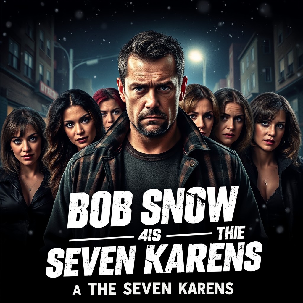 A gritty movie poster for 'Bob Snow & the Seven Karens', featuring a rugged male character named Bob Snow at the center, looking determined and slightly weary