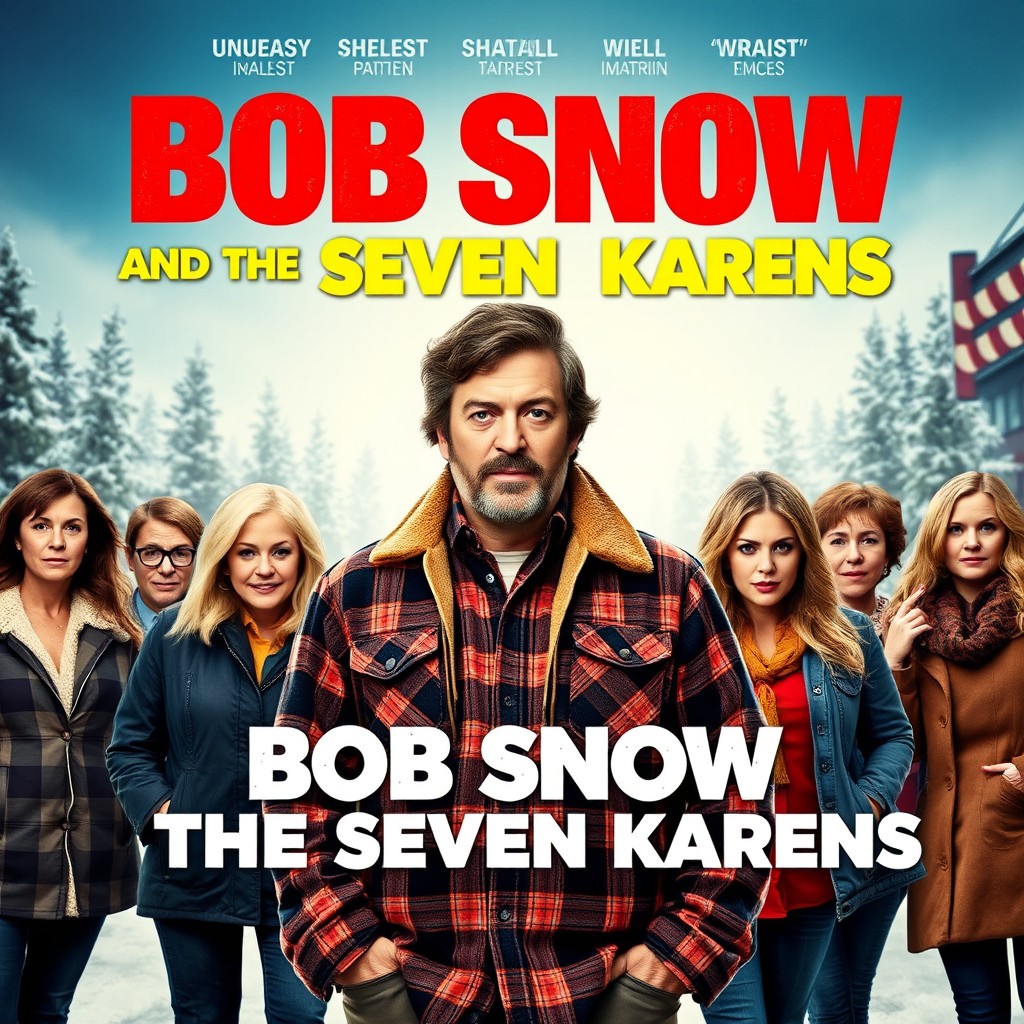 A captivating movie poster for 'Bob Snow & the Seven Karens', featuring a rugged male character named Bob Snow dressed in classic Canadian plaid, exuding a confident yet weary demeanor