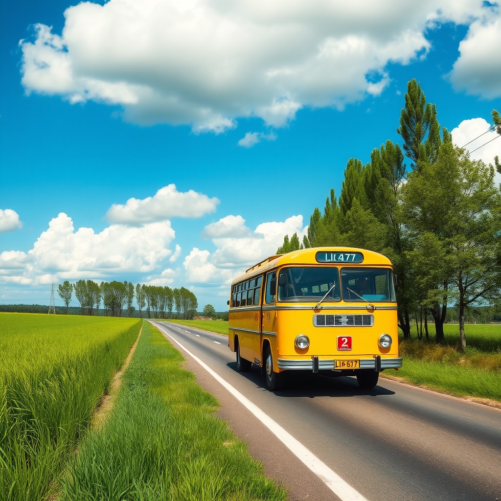 A scenic view of a LIaz-677 bus driving along a countryside road, surrounded by lush green grass and tall trees