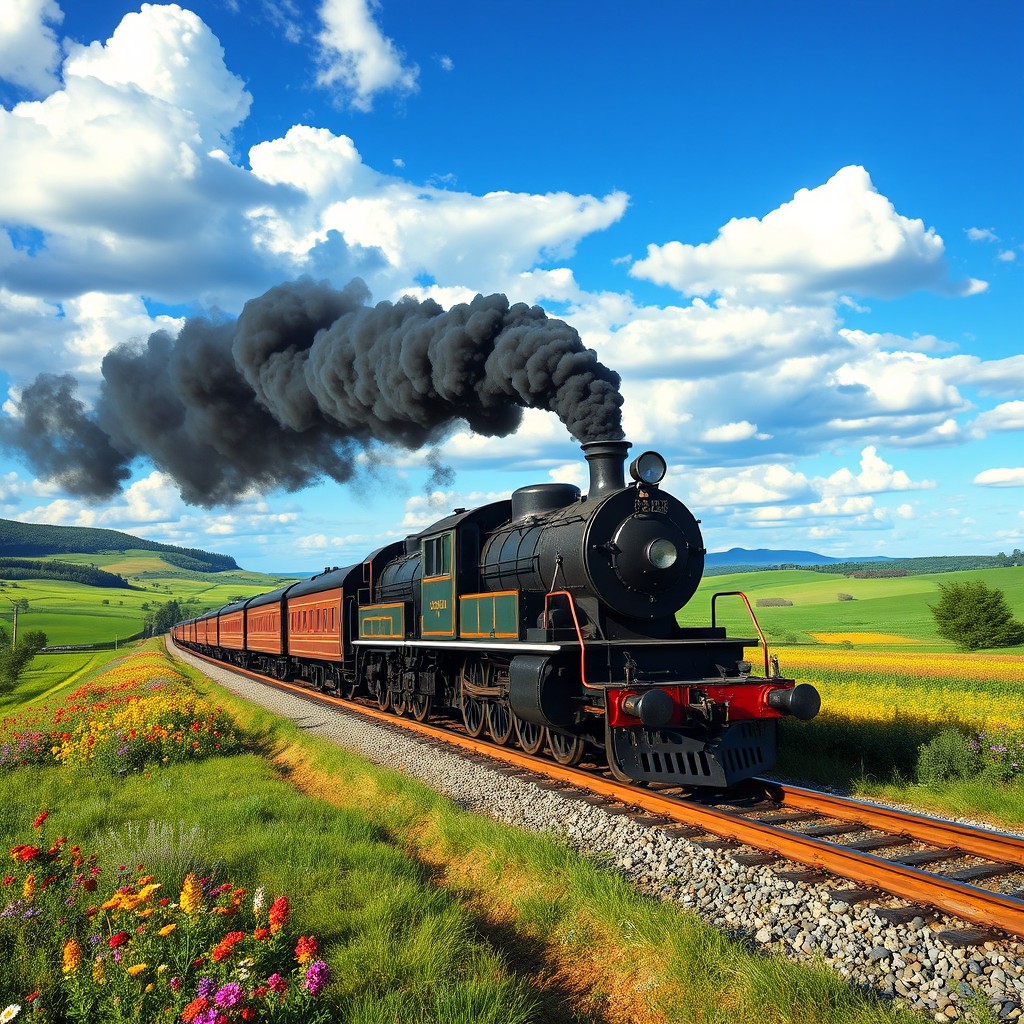 A Russian diesel locomotive chugging along a railway track, billowing black smoke from its exhaust pipes