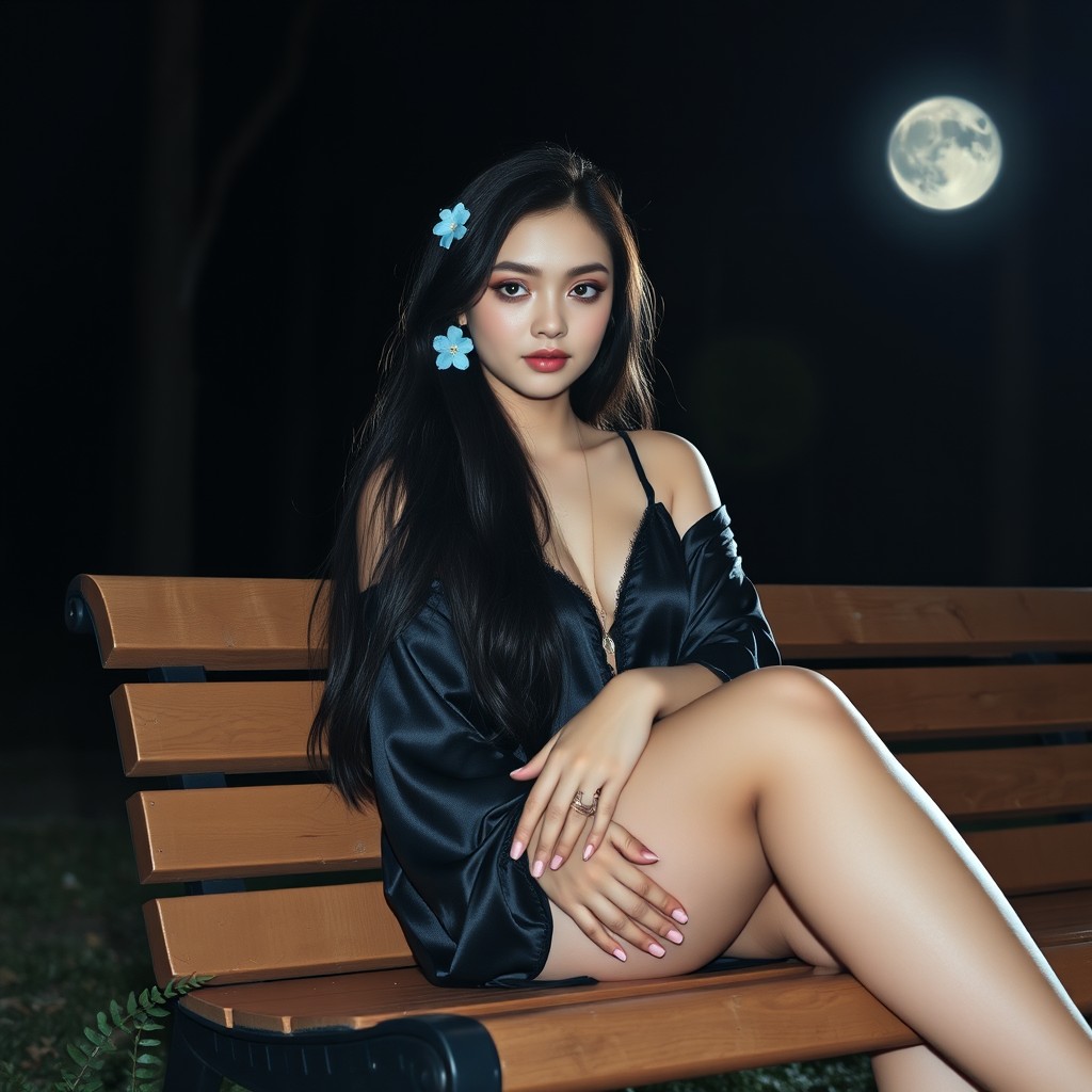 A full-length photographic image of a beautiful, innocent 18-year-old white girl sitting gracefully on a bench under the serene moonlight in a quiet, secluded wooded park