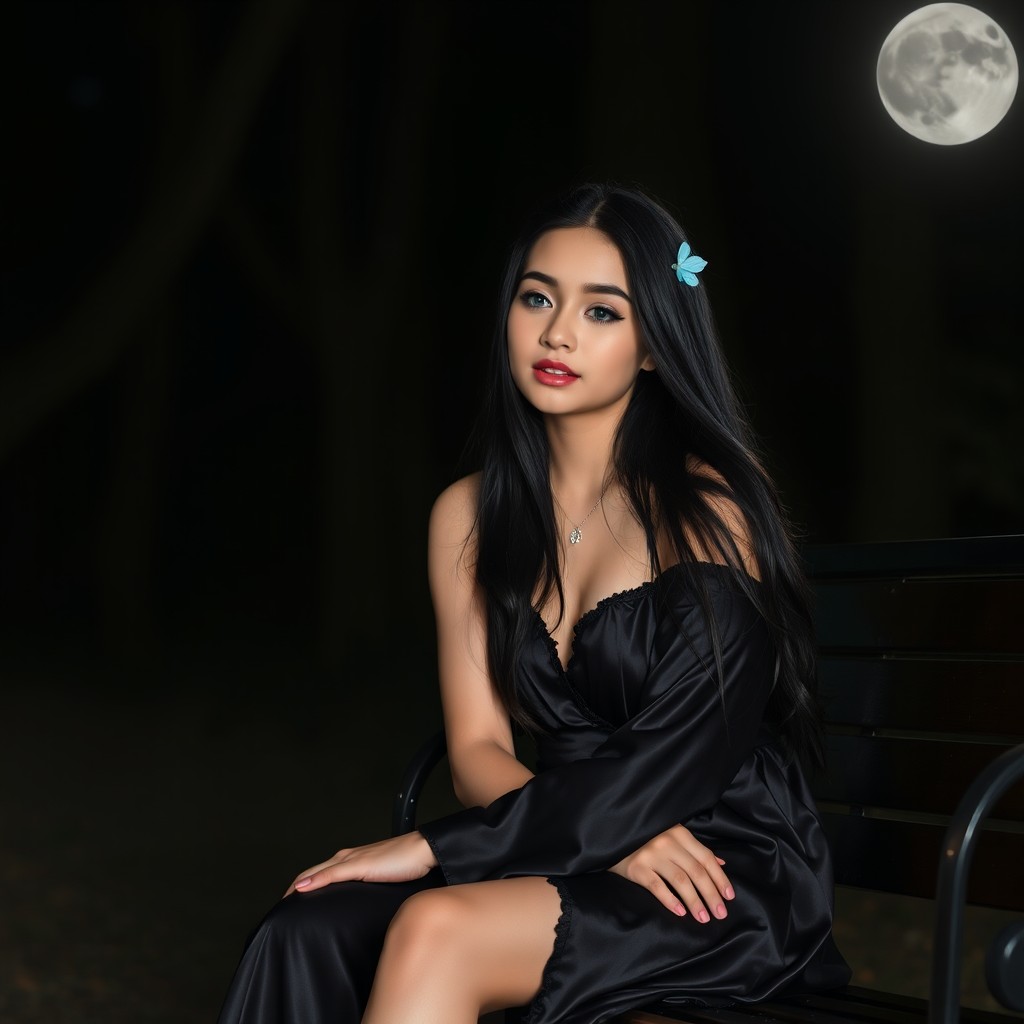 A full-length photographic image of a beautiful, innocent 18-year-old white girl sitting peacefully on a bench under the soft glow of moonlight in a quiet, secluded wooded park, as she gently speaks to the darkness surrounding her, creating an enchanting and serene atmosphere