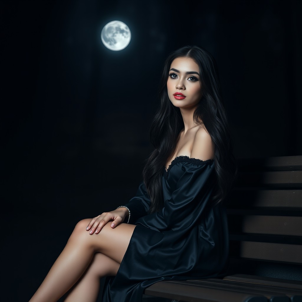 A full-length photographic image of a beautiful, innocent 18-year-old white girl sitting gracefully on a bench in the dark moonlight, within a tranquil and secluded wooded park