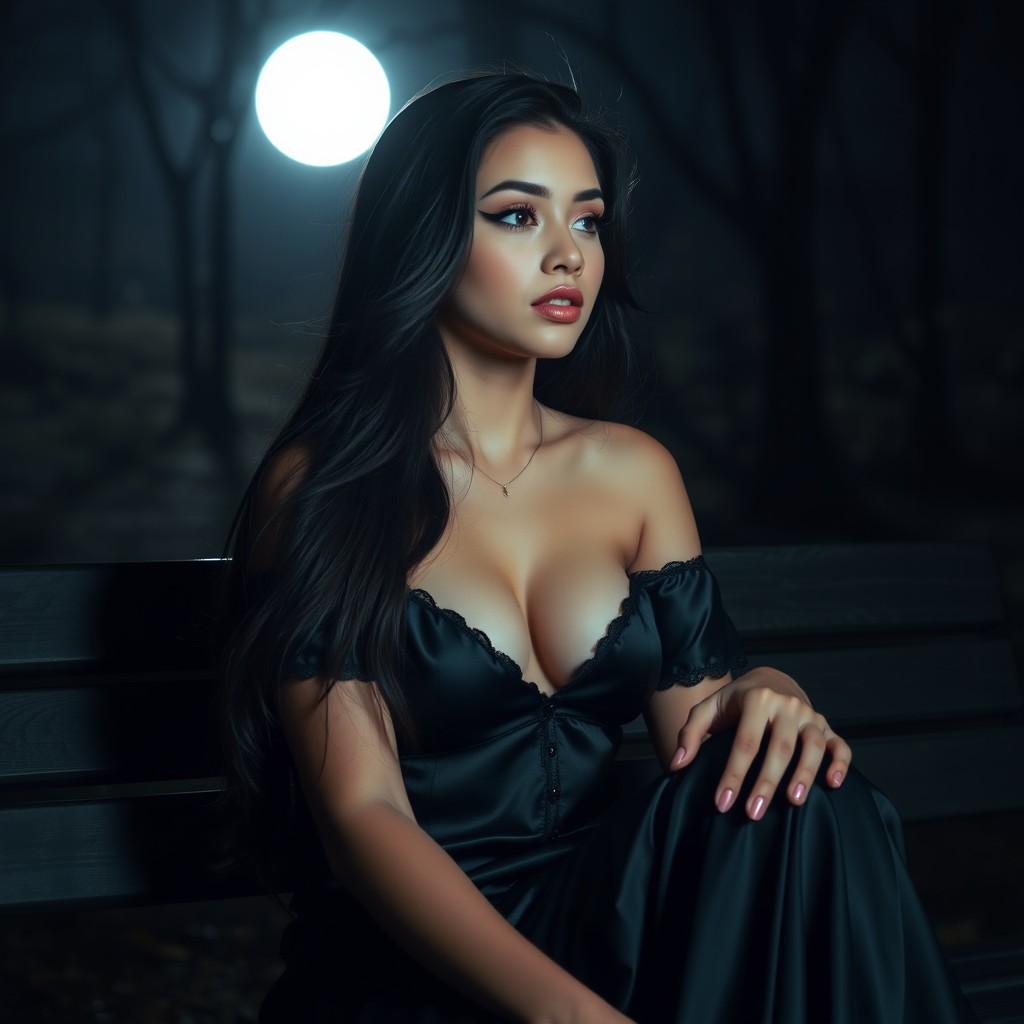 A full-length photographic image of a beautiful, innocent 18-year-old white girl sitting quietly on a bench in the dark moonlight, surrounded by a tranquil, secluded wooded park