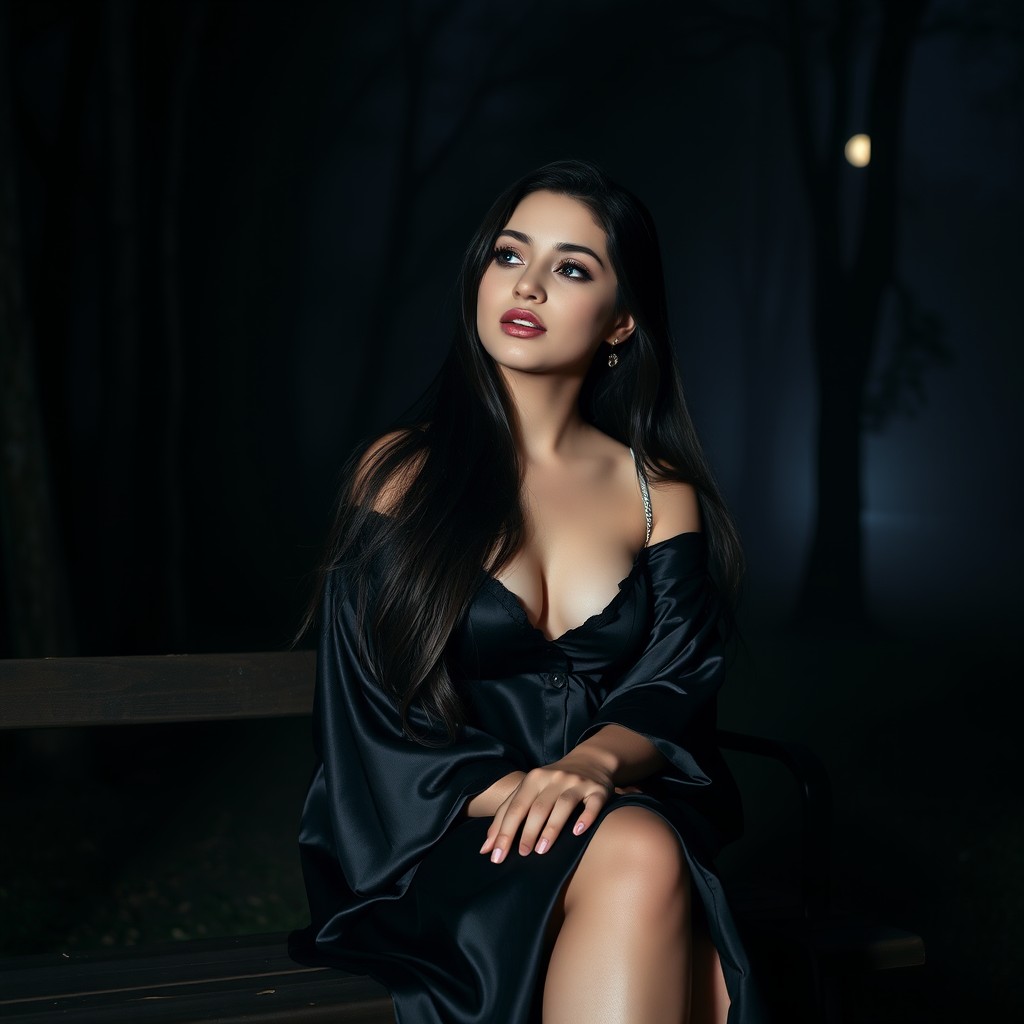 A full-length photographic image of a beautiful, innocent 18-year-old white girl sitting on a bench in the dark moonlight within a tranquil, secluded wooded park, as she speaks longingly to a hazy form in the darkness, creating an atmosphere of mystery and longing