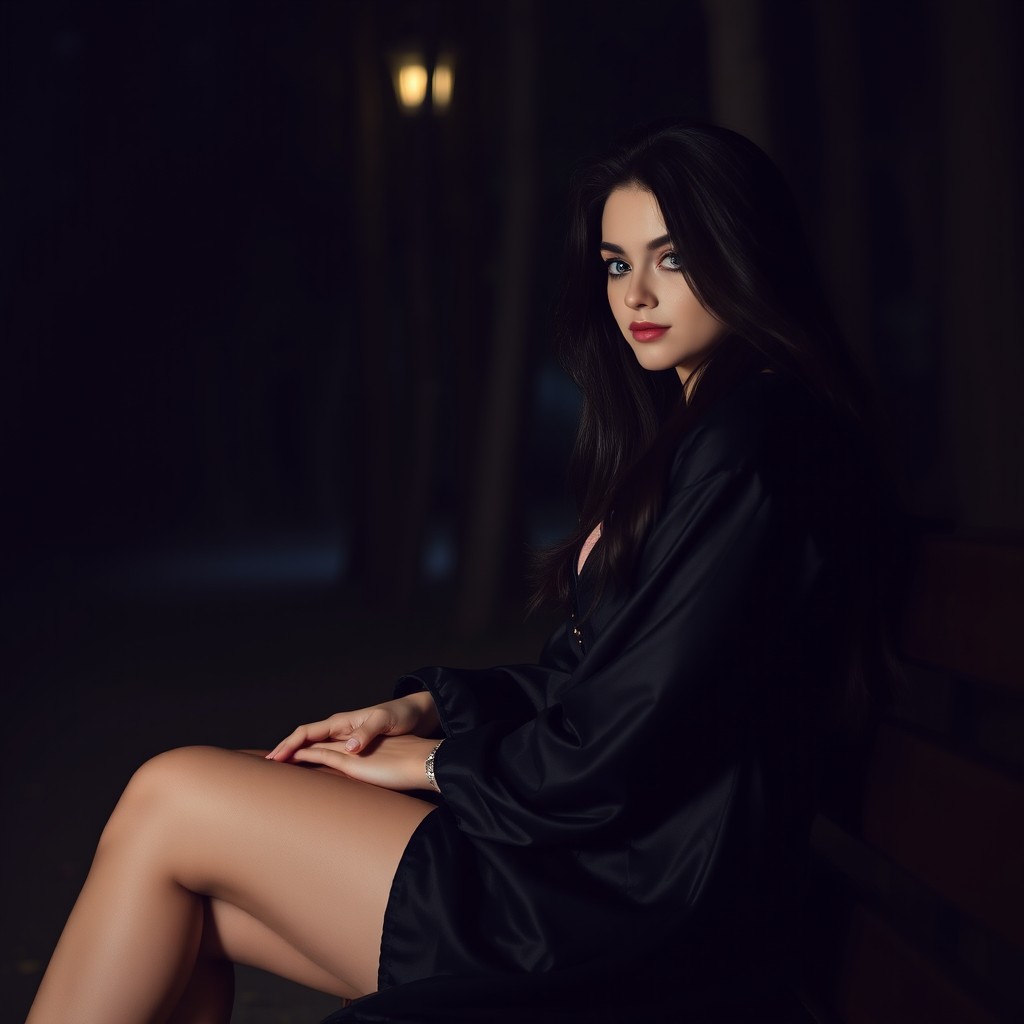 A full-length photographic image of a beautiful, innocent 18-year-old white girl sitting on a bench in the dark moonlight within a secluded wooded park, as she speaks longingly to a hazy form in the darkness, evoking a sense of mystery and longing
