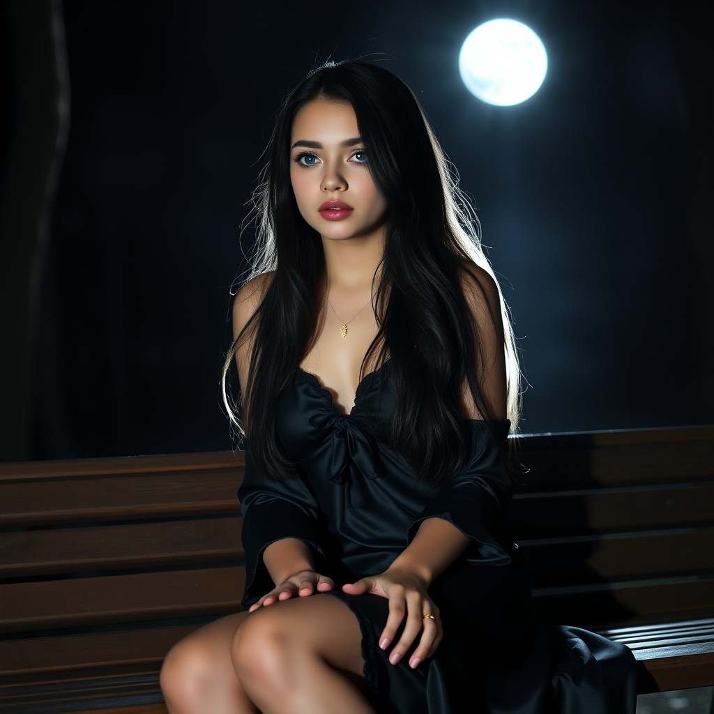 A full-length photographic image of a beautiful, innocent 18-year-old white girl sitting on a bench in the dark moonlight, in a quiet secluded wooded park