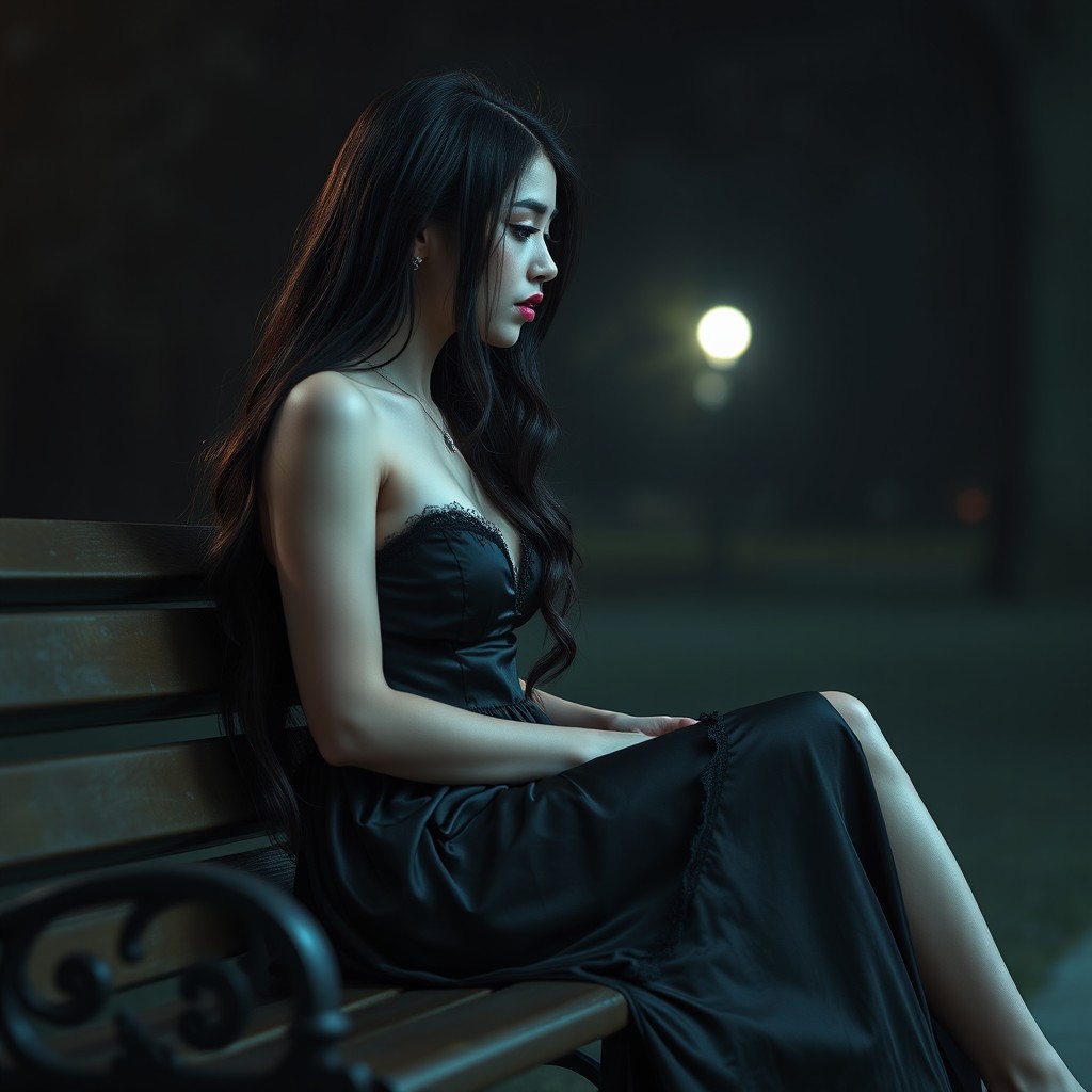 A full-length photographic image of a beautiful, innocent 18-year-old white girl sitting gracefully on a bench in a dark, moonlit secluded park, as she speaks longingly to a hazy form in the darkness, imparting a sense of yearning and mystery