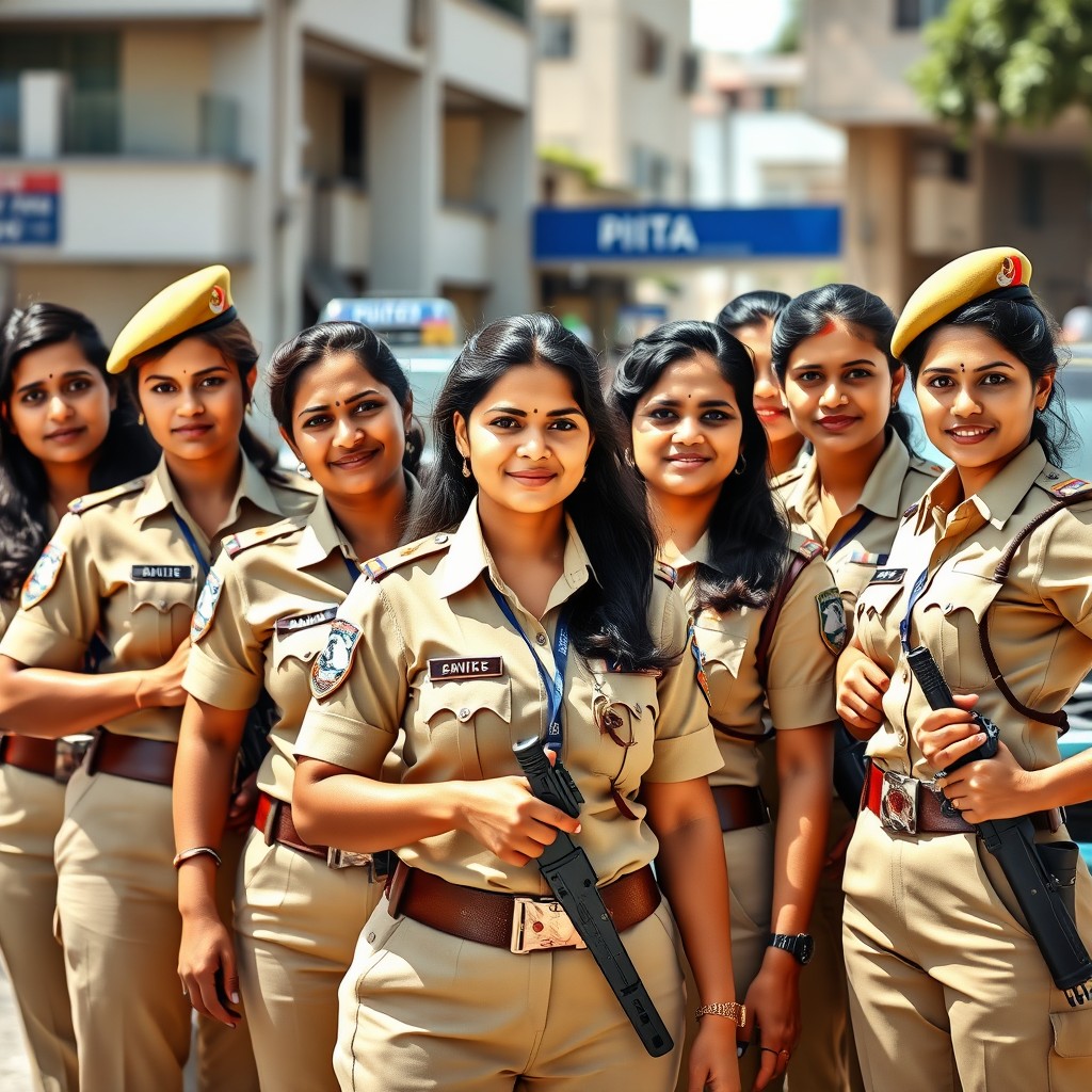 A group of confident and strong Indian policewomen in uniform, showcasing diversity in appearance, with various shades of skin and hair styles