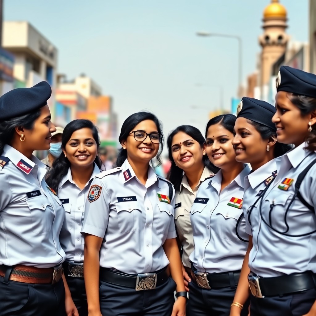 A group of confident Indian policewomen in their official uniforms, showcasing a blend of authority and grace