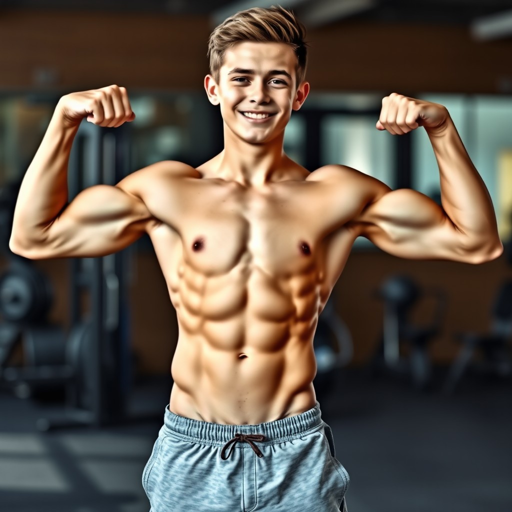A teenage boy with an impressive six-pack abs and well-defined biceps, showcasing visible veins