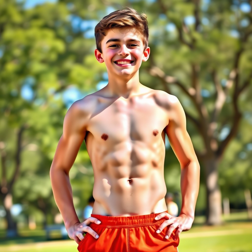 A teenage boy with a well-defined six-pack abs and strong biceps, showcasing a fit and healthy physique