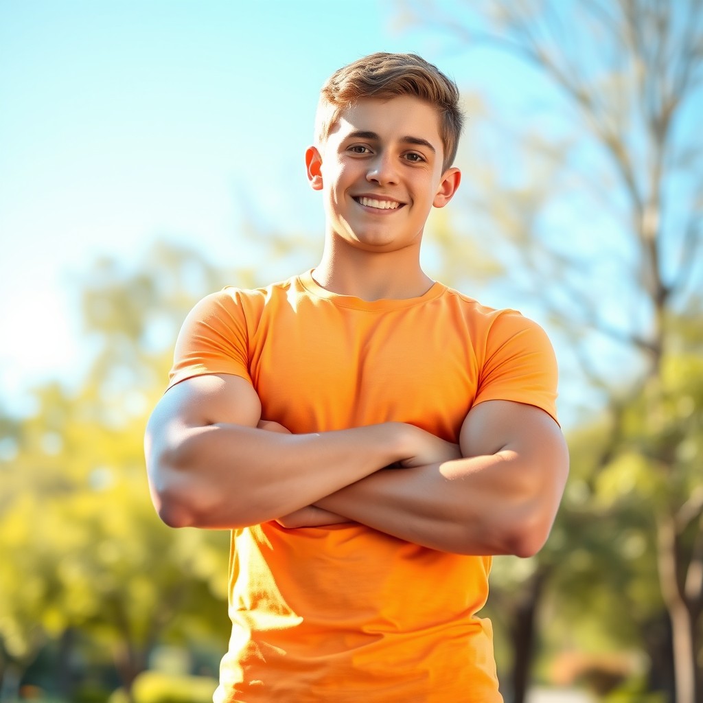 A teenage boy with a chiseled six-pack abs and strong biceps, wearing a snug-fitting t-shirt that accentuates his muscular build