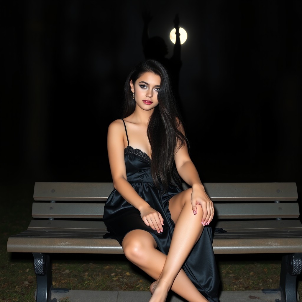 A full-length photographic image of a beautiful, innocent 18-year-old white girl sitting on a bench in the dark moonlight in a quiet, secluded wooded park, as she speaks longingly to a dark figure in the shadows, creating an atmosphere of intrigue and emotional depth