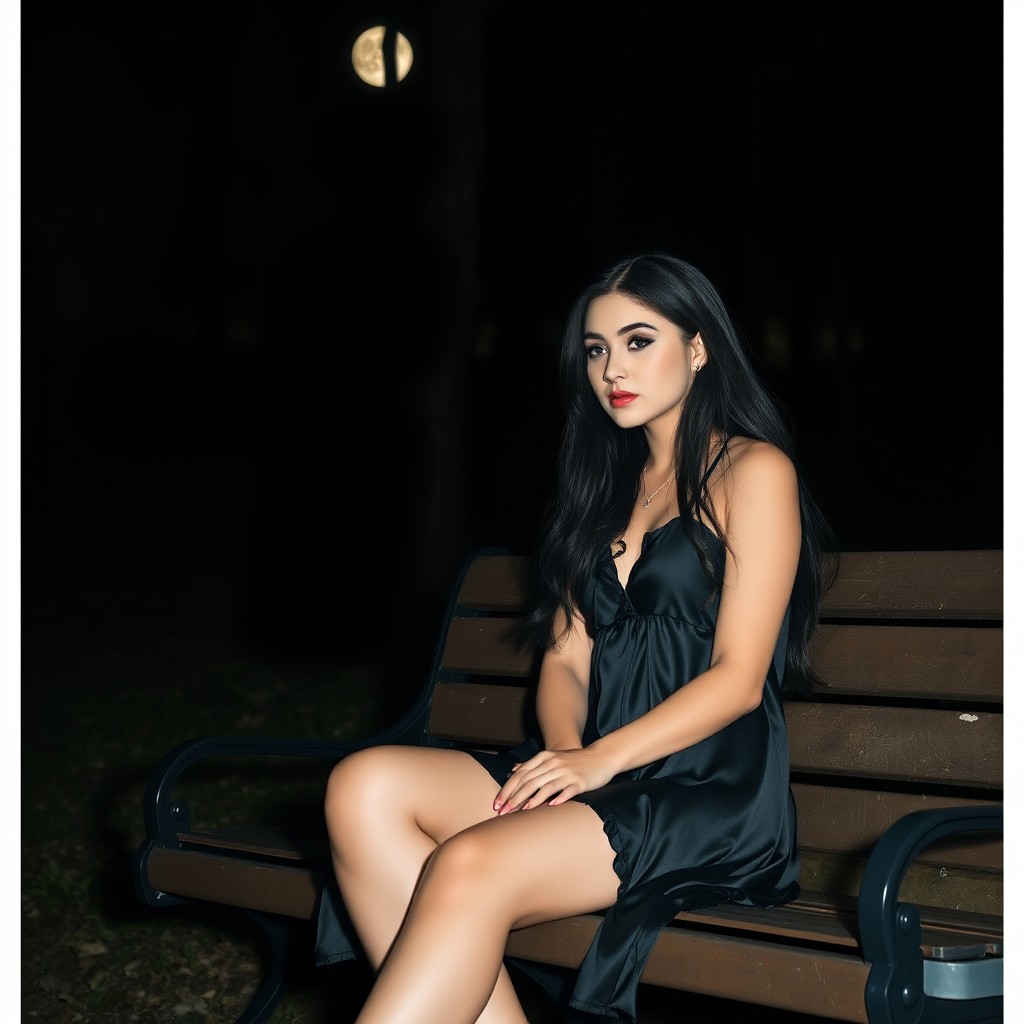 A full-length photographic image of a beautiful, innocent 18-year-old white girl sitting on a bench in the dark moonlight, in a quiet secluded wooded park