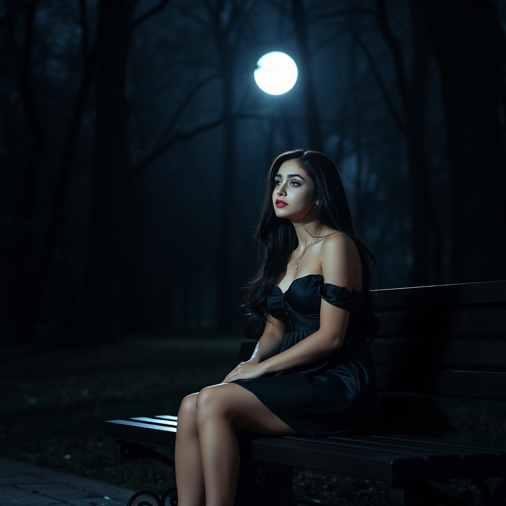 A full-length photographic image of a beautiful, innocent 18-year-old white girl sitting on a bench in the dark moonlight within a quiet, secluded wooded park, as she speaks hopefully to a dark figure hidden in the shadows, creating a captivating and emotionally charged atmosphere