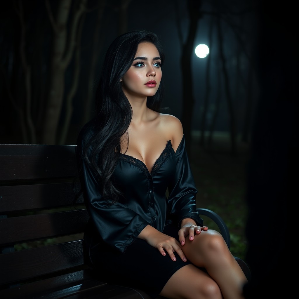 A full-length photographic image of a beautiful, innocent 18-year-old white girl sitting on a bench in the dark moonlight, in a quiet secluded wooded park, as she speaks hopefully to a dark figure that is partially obscured in the surrounding darkness