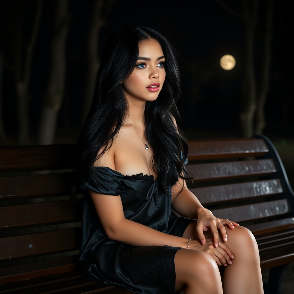 A full-length photographic image of a beautiful, innocent 18-year-old white girl sitting on a bench in the dark moonlight, surrounded by a quiet, secluded wooded park