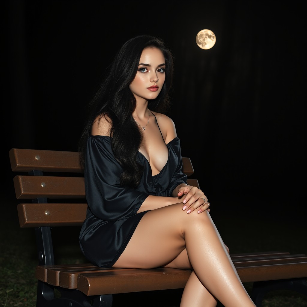 A full-length photographic image of a beautiful, innocent 18-year-old white girl sitting on a bench in the dark moonlight in a quiet, secluded wooded park, engaging in a hopeful conversation with a darker figure lurking in the shadows nearby