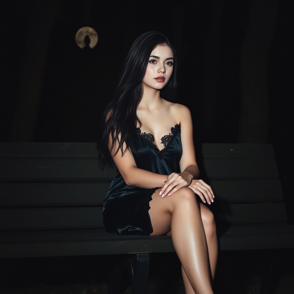 A full-length photographic image of a beautiful, innocent 18-year-old white girl sitting on a bench in the dark moonlight, situated in a quiet, secluded wooded park