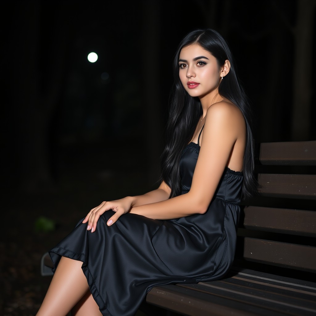 A full-length photographic image of a beautiful, innocent 18-year-old white girl sitting on a bench in the dark moonlight, situated in a quiet, secluded wooded park