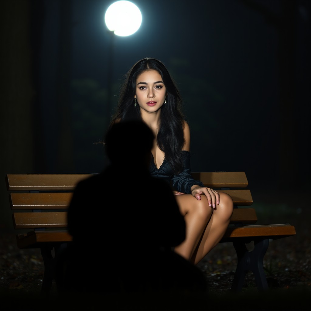 A full-length photographic image of a beautiful, innocent 18-year-old white girl sitting on a bench in the dark moonlight within a quiet, secluded wooded park