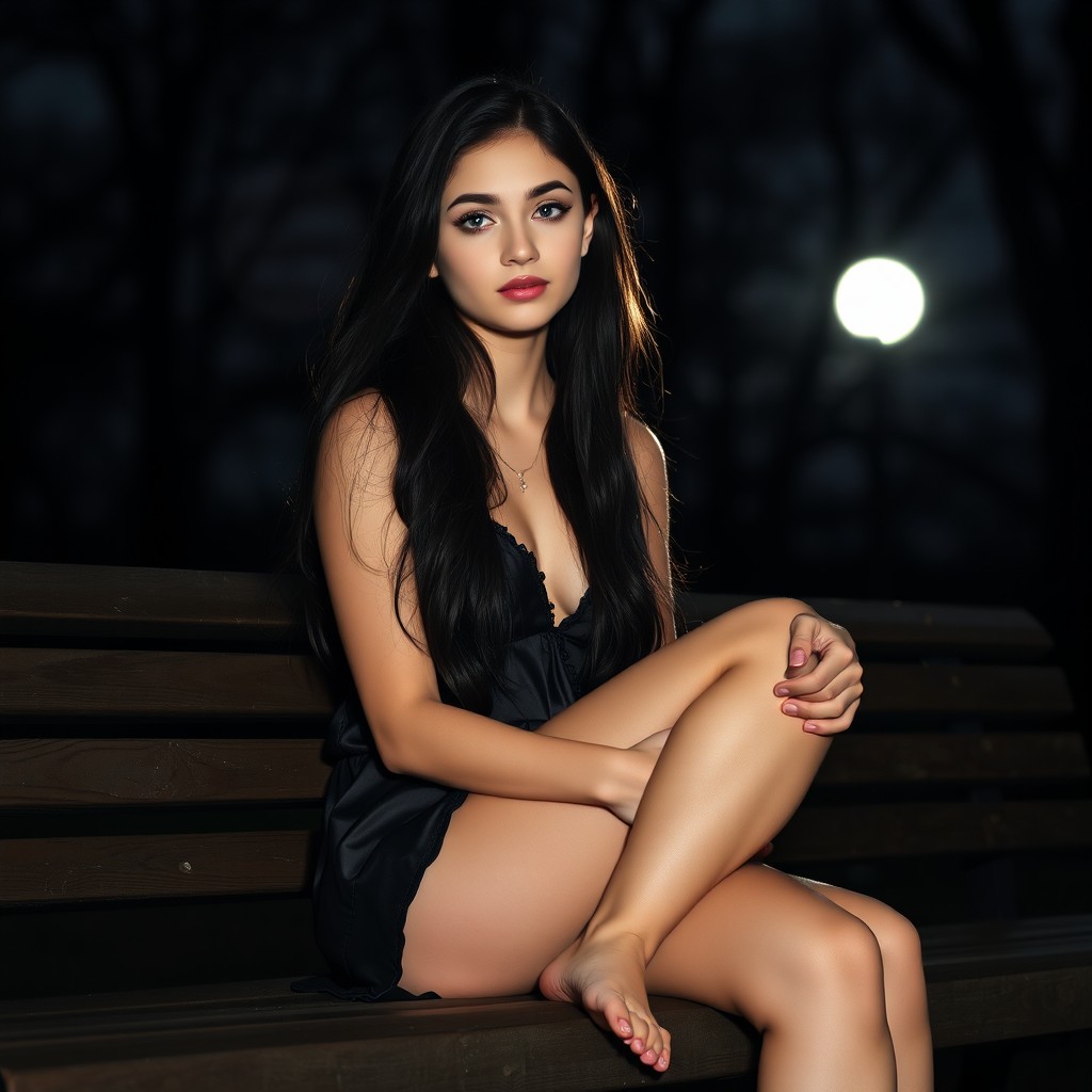 A full-length photographic image of a beautiful, innocent 18-year-old white girl sitting on a bench in the dark moonlight, located in a quiet, secluded wooded park