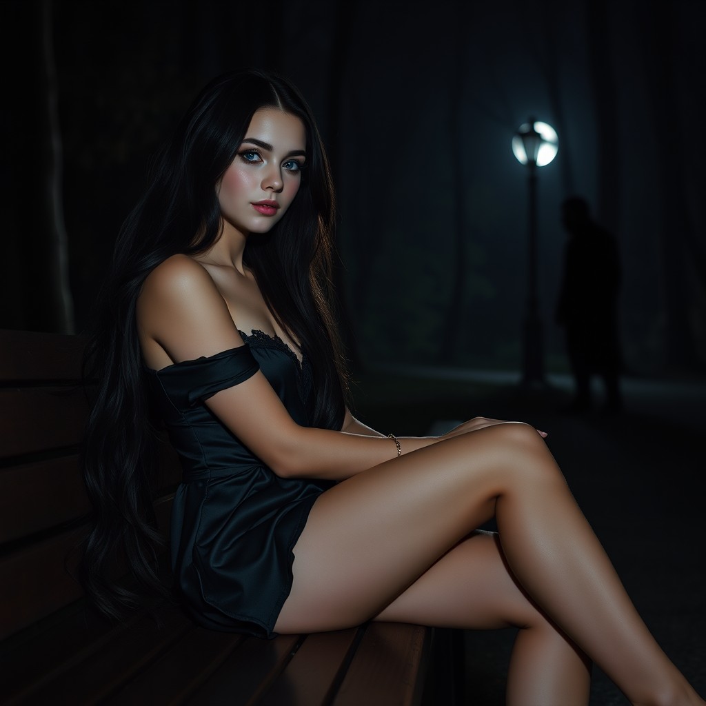 A full-length photographic image of a beautiful, innocent 18-year-old white girl sitting on a bench in the dark moonlight in a quiet, secluded wooded park