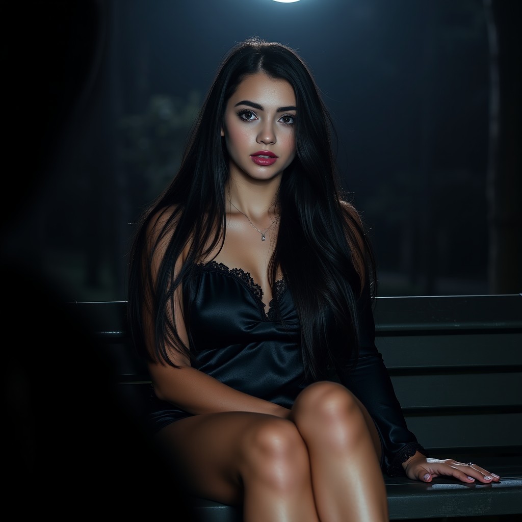 A full-length photographic image of a beautiful, innocent 18-year-old white girl sitting on a bench in the dark moonlight, in a quiet, secluded wooded park
