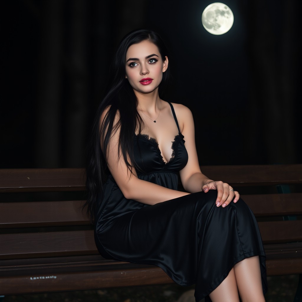 A full-length photographic image of a beautiful, innocent 18-year-old white girl sitting on a bench in the dark moonlight in a quiet, secluded wooded park