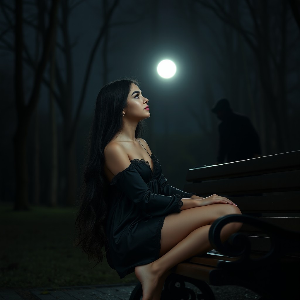 A full-length photographic image of a beautiful, innocent 18-year-old white girl sitting on a bench in the dark moonlight, in a quiet, secluded wooded park