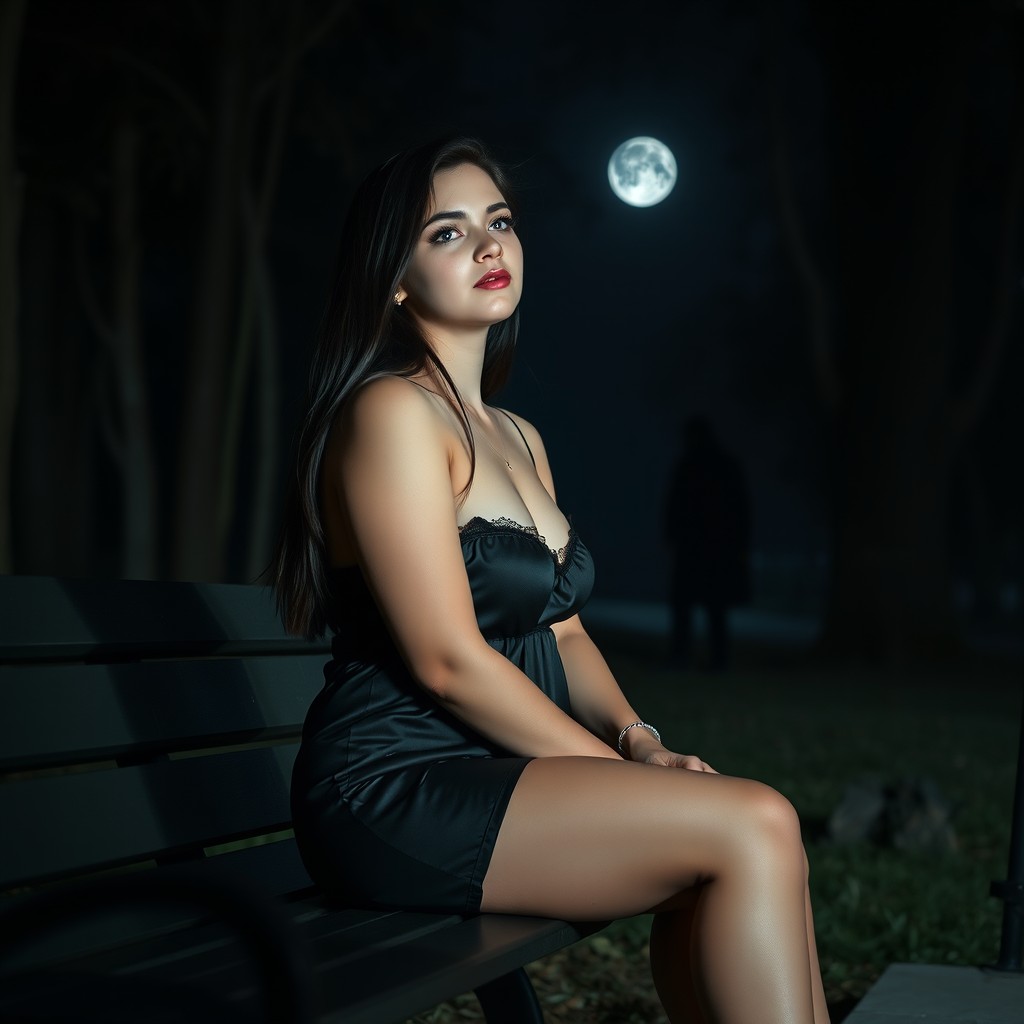 A full-length photographic image of a beautiful, innocent 18-year-old white girl sitting on a bench in the dark moonlight within a quiet, secluded wooded park