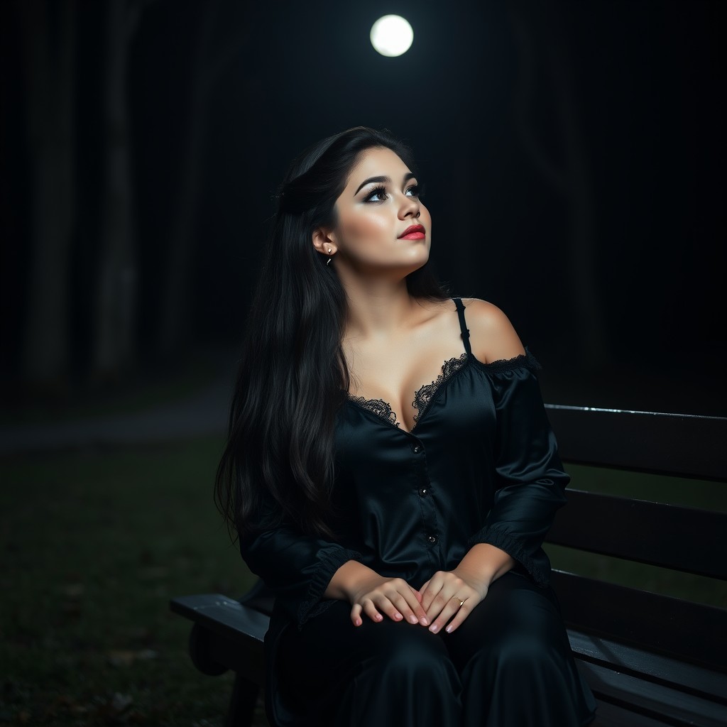 A full-length photographic image of a beautiful, innocent 18-year-old white girl sitting on a bench in the dark moonlight within a quiet, secluded wooded park