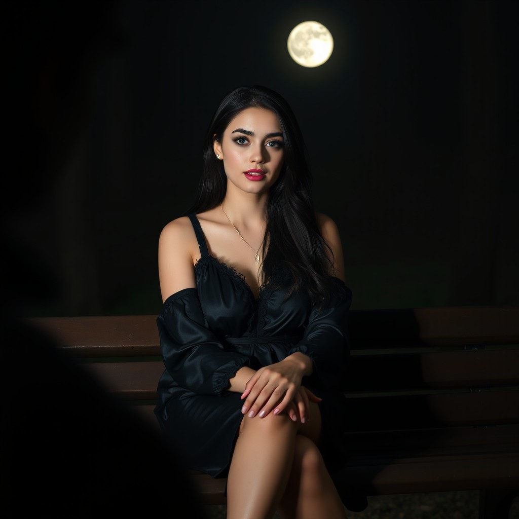 A full-length photographic image of a beautiful, innocent 18-year-old white girl sitting on a bench in the dark moonlight in a quiet, secluded wooded park
