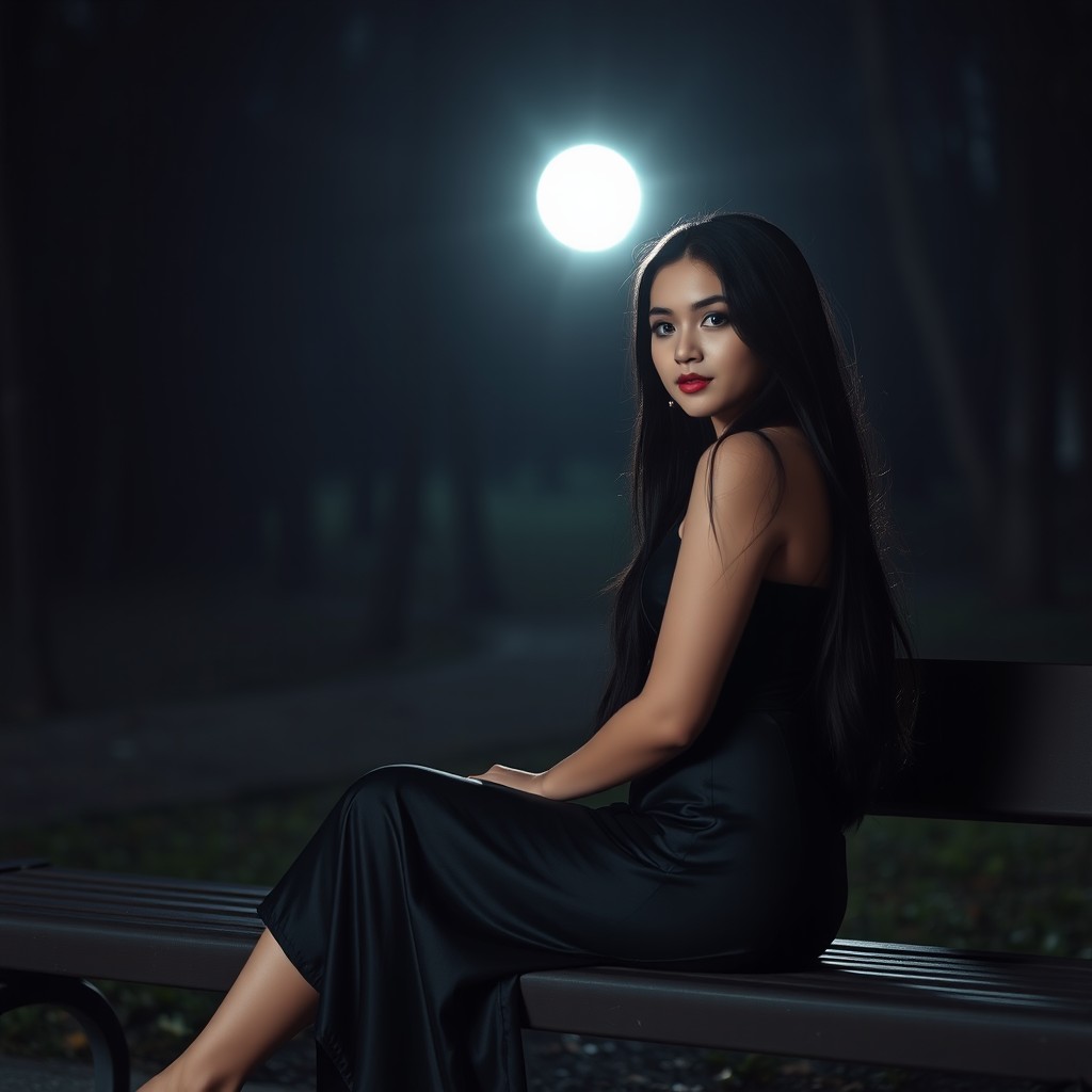 A full-length photographic image of a beautiful, innocent 18-year-old white girl sitting on a bench in the dark moonlight in a quiet, secluded wooded park