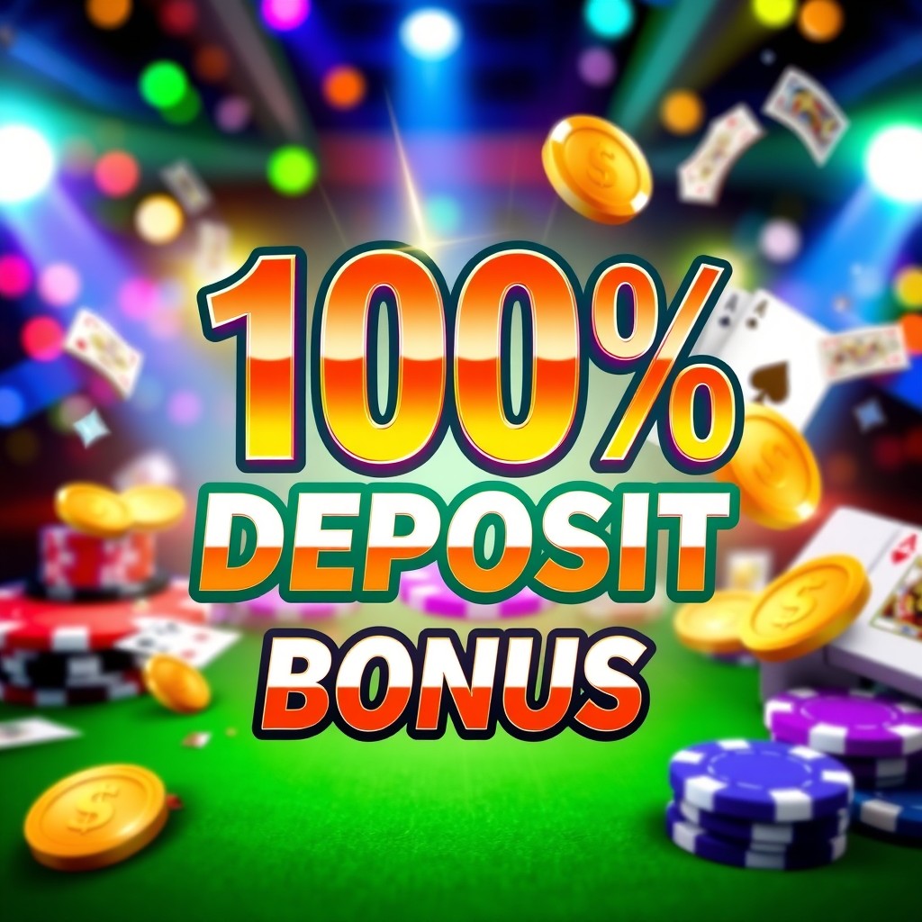 A vibrant and eye-catching promotional banner showcasing a '100% Deposit Bonus' offer for an online casino or betting website