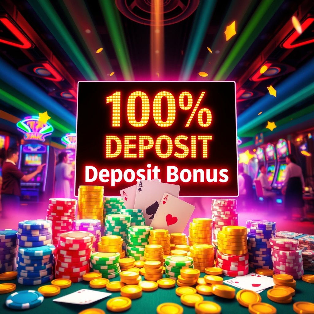 A visually striking concept illustrating the excitement of a 100% deposit bonus in a gambling or online casino context