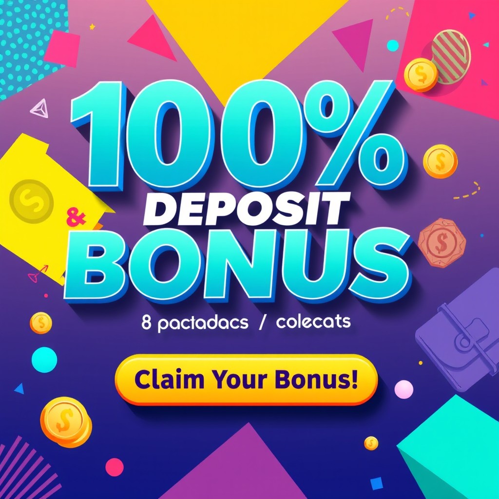 A stunning promotional banner showcasing a vibrant and engaging design for a 100% deposit bonus offer, featuring bold typography and eye-catching graphics