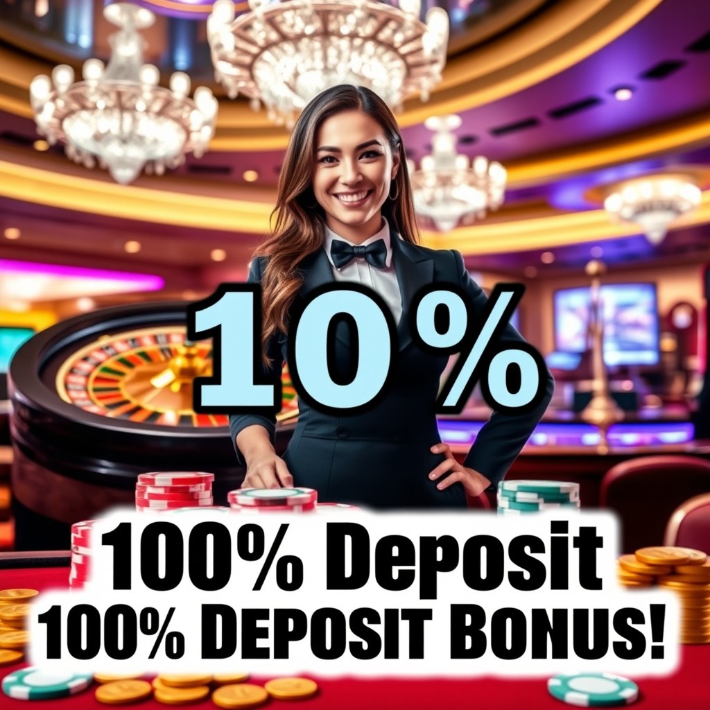 A visually striking advertisement for a 100% deposit bonus at a glamorous casino
